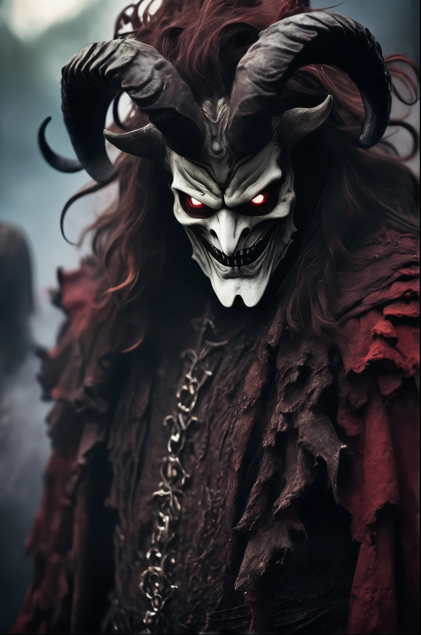 Horror-themed cinematic film still,a horrifying red-skinned male demon king, (((wearing a scary white mask))),(full body portrait:1.3), (detailed scaly skin texture:1.2), (((ram curved horns))), (in hell, swirling tormented souls, billowing smoke:1.5), long wavy red hair, (((slavic black full clothes))), medieval scarf, monster claws,, shallow depth of field, vignette, highly detailed, high budget, bokeh, cinemascope, moody, epic, gorgeous, film grain, grainy . Eerie, unsettling, dark, spooky, suspenseful, grim, highly detailed
