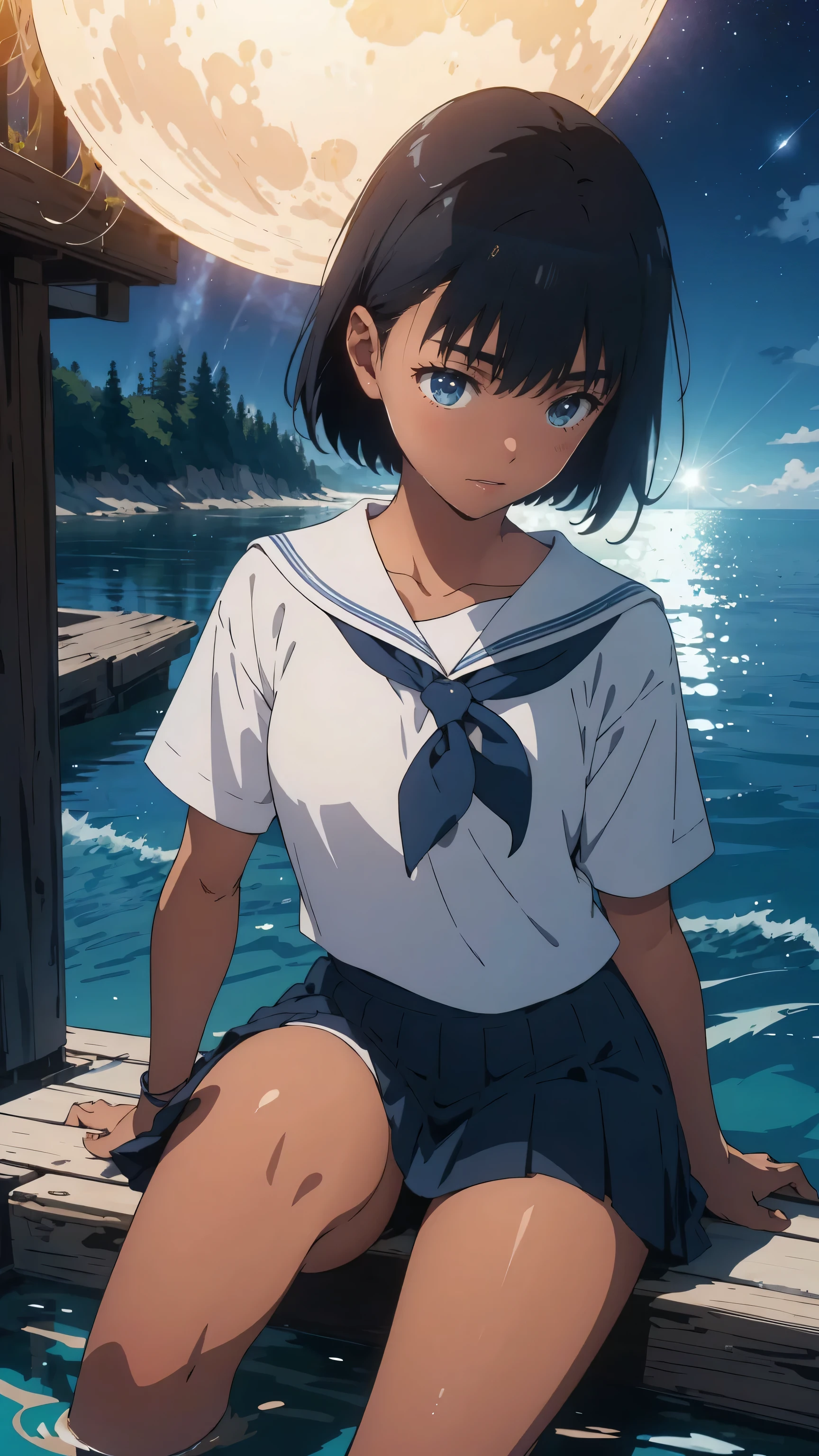 {{kofune mio}}, {summertime render}, shining sky blue eyes, black short hair, Calm expression,A faint blush, medium breasts, dark skin, dark-skinned female, white serafuku, short sleeves, black neckerchief, white sailor collar black pleated skirt,1girl, solo,very aesthetic, best quality, amazing quality, ,curated, illustration, highly detailed, anime coloring,Night sea background
BREAK
Blue Hour, (Rim Light):1.2, Warm tones, Solar flare, Soft Shadows, Vibrant colors, Painterly effect, Dream-like atmosphere
BREAK
Beautiful sea, Calm water, reflection, Clouds illuminated by the moon, Peaceful atmosphere, Beautiful starry sky, Super detailed, Official Art, unity 8k wallpaper , Tangled, Mandala,(nsfw:1.3)
