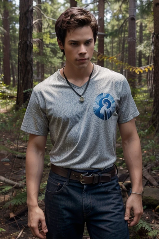 Dylan O'Brien, Stiles Stilinski, Wolf, 18 years old, short messy dark brown hair, honey eyes, open red sports uniform, yellow shirt with light brown fox print, blue jeans with silver belt, fox pendant, black sneakers with white fox print. forest background fox aura around black color