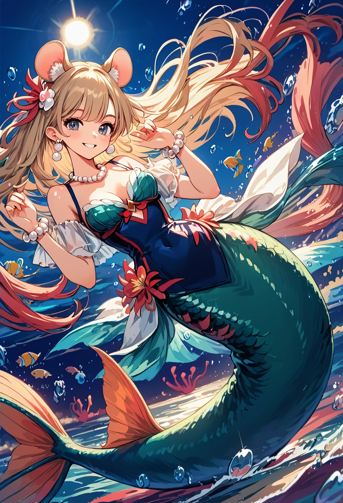Highly detailed, masterpiece, high quality, pretty anthropomorphic mouse girl magically transformed into a mermaid, fantasy, race change, smiling, anime style, mouse ears, long mermaid tail below waistline, pelvic and dorsal fins, a pair of fish gills on her neck, seashells bra, pearl earrings and bracelets, pearl necklace,