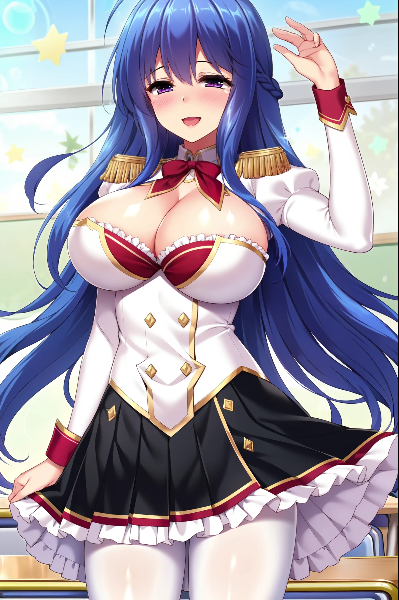 mature female, looking at viewer, red bow, ahoge, in attention, 1girl, solo, long hair, smile, skirt, hueg breasts,  :d, (((widen eyes)),  blue hair,  violet eyes, black skirt, white shirt,  long sleeves, bow, cleavage,  long hair, standing, pantyhose, cowboy shot, pleated skirt, frills, puffy sleeves, black skirt,  , black pantyhose, cleavage cutout, frilled skirt, juliet sleeves, school, classroom, , epaulettes