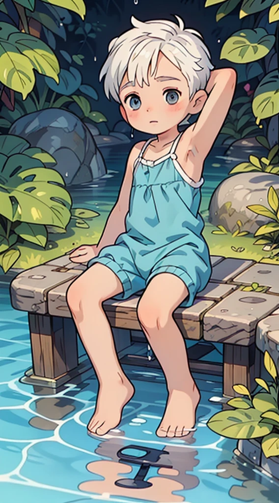 Cute Boy, ((young)), shota, wearing prince clothes, royalty, royal clothes, kid, ((shota)), short hair, ((boy)), (white hair), grey eyes, sitting in the water, (little stream of water), horizontal, wet, water splashed on him, arms raised, armpit visible, shy 