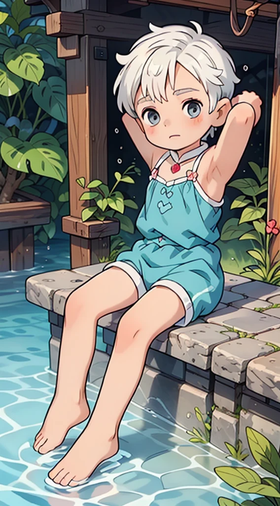 Cute Boy, ((young)), shota, wearing prince clothes, royalty, royal clothes, kid, ((shota)), short hair, ((boy)), (white hair), grey eyes, sitting in the water, (little stream of water), horizontal, wet, water splashed on him, arms raised, armpit visible, shy 