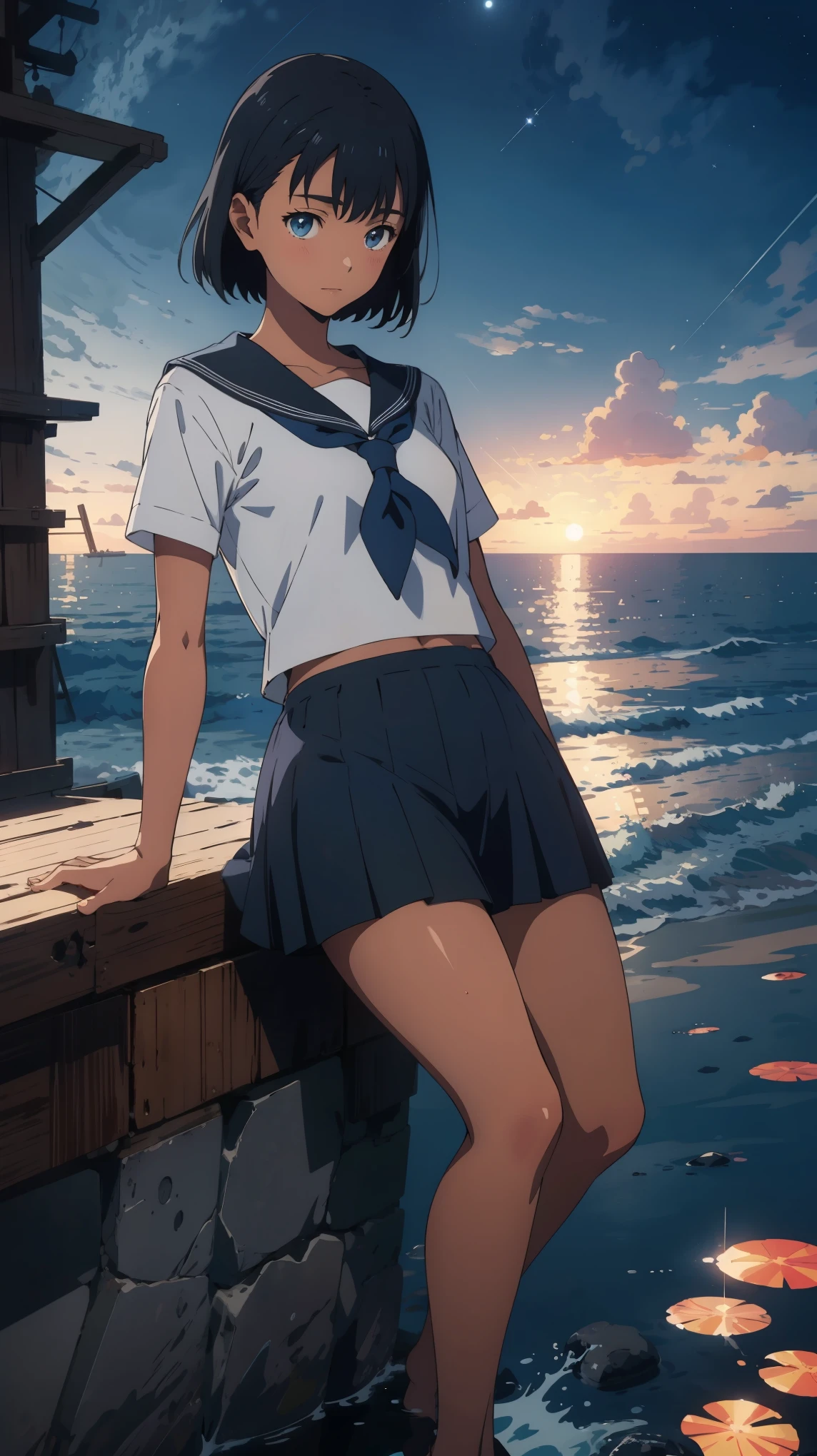 {{kofune mio}}, {summertime render}, shining sky  blue eyes, black short hair, Calm expression,A faint blush, medium breasts, dark skin, dark-skinned female, white serafuku, short sleeves, black neckerchief, white sailor collar black pleated skirt,1girl, solo,very aesthetic, best quality, amazing quality, ,curated, illustration, highly detailed, anime coloring,Night sea background
BREAK
Blue Hour, (Rim Light):1.2, Warm tones, Solar flare, Soft Shadows, Vibrant colors, Painterly effect, Dream-like atmosphere 
BREAK
Beautiful sea, Calm water, reflection, Clouds illuminated by the moon, Peaceful atmosphere, Beautiful starry sky, Super detailed, Official Art, unity 8k wallpaper , Tangled, Mandala,(nsfw:1.3)