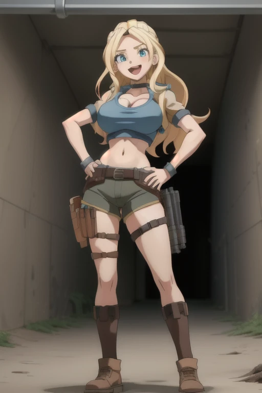 ultra high res, masterpiece, 1girl, solo, IrinaJelaviÄR4, blonde hair, blue eyes, :d, expressive eyes, perfect face, large breast, big breast, small waist, perfect figure, highly detailed, showing cleavage, dressed as lara croft, full body portrait, brown shorts, belt gun holster, blue spandex top, brown hiking boots, brown shorts, dark brown shorts, short shorts, blue top, mid section exposed, long_hair, navel, open_mouth, holding aiming two pistols in both hands, aiming the guns at the viewer, smile, solo, (Background: Indoors, concrete hallways, inside of a bunker, pipes in the surroundings)
