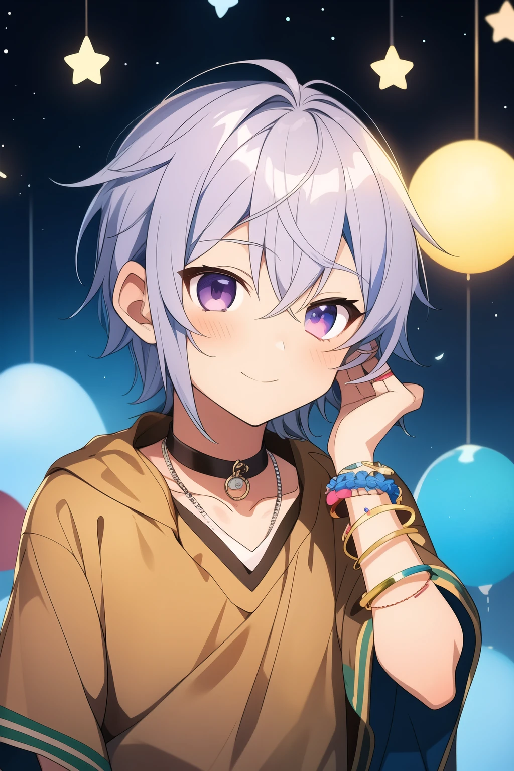 anime six year old boy with silver hair and silver eyes, with bright decorations surrounding her, wearing bangles and bracelets on his wrist