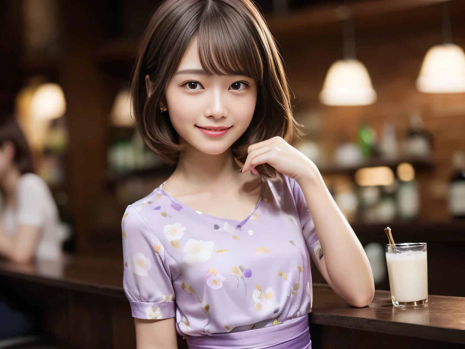 Ultra HD,((8K)),(1 Female:1.2 Beautiful and natural、High quality texture, Intricate details, Fine texture, High Detail, Highly detailed CG, High Quality Shadows, Realistic facial expressions, Beautiful and delicate face down to the last detail, Beautiful and delicate eyes, Brown pupil, A perfectly balanced face, Depth of written boundary, Cinematic Light, Lens flare, Ray Tracing,perspective, (Big eyes:1.2),Blushing cheeks, Perfect body,(Dutch Angle,Excellent anatomy,, elegant, ((Bright colors,)) 、Waist、Small Mouth、((Purple clothes))、((bar))、((furubodｙ))、((15 years old))、(very short hair/extra short),(night)、night scene、(Ultra short hair)、((Berry Short))、(Straight bangs)、((one person))、(Large Breastini dress short sleeve))、(smile)、((Shiny clothes))、((Floral clothes))、
