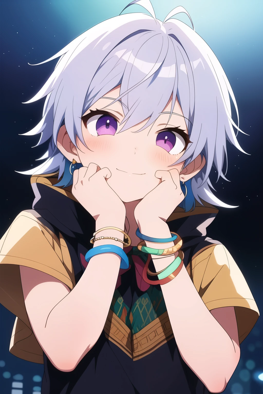 anime six year old boy with silver hair and silver eyes, with bright decorations surrounding her, wearing bangles and bracelets on his wrist