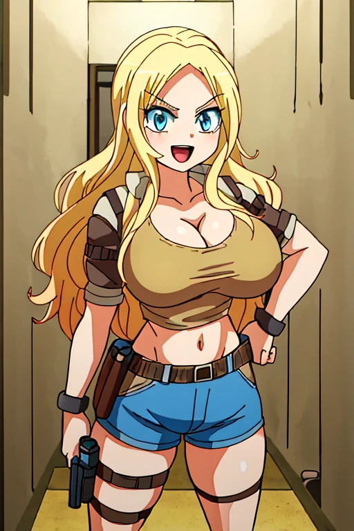 ultra high res, masterpiece, 1girl, solo, IrinaJelaviÄR4, blonde hair, blue eyes, :d, expressive eyes, perfect face, large breast, big breast, small waist, perfect figure, highly detailed, showing cleavage, dressed as lara croft, full body portrait, brown shorts, belt gun holster, blue spandex top, brown hiking boots, brown shorts, dark brown shorts, short shorts, blue top, mid section exposed, long_hair, navel, open_mouth, holding aiming two pistols in both hands, aiming the guns at the viewer, smile, solo, (Background: Indoors, concrete hallways, inside of a bunker, pipes in the surroundings)