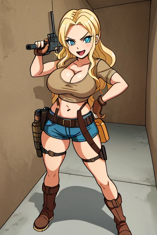 ultra high res, masterpiece, 1girl, solo, IrinaJelaviÄR4, blonde hair, blue eyes, :d, expressive eyes, perfect face, large breast, big breast, small waist, perfect figure, highly detailed, showing cleavage, dressed as lara croft, full body portrait, brown shorts, belt gun holster, blue spandex top, brown hiking boots, brown shorts, dark brown shorts, short shorts, blue top, mid section exposed, long_hair, navel, open_mouth, holding aiming two pistols in both hands, aiming the guns at the viewer, smile, solo, (Background: Indoors, concrete hallways, inside of a bunker, pipes in the surroundings)