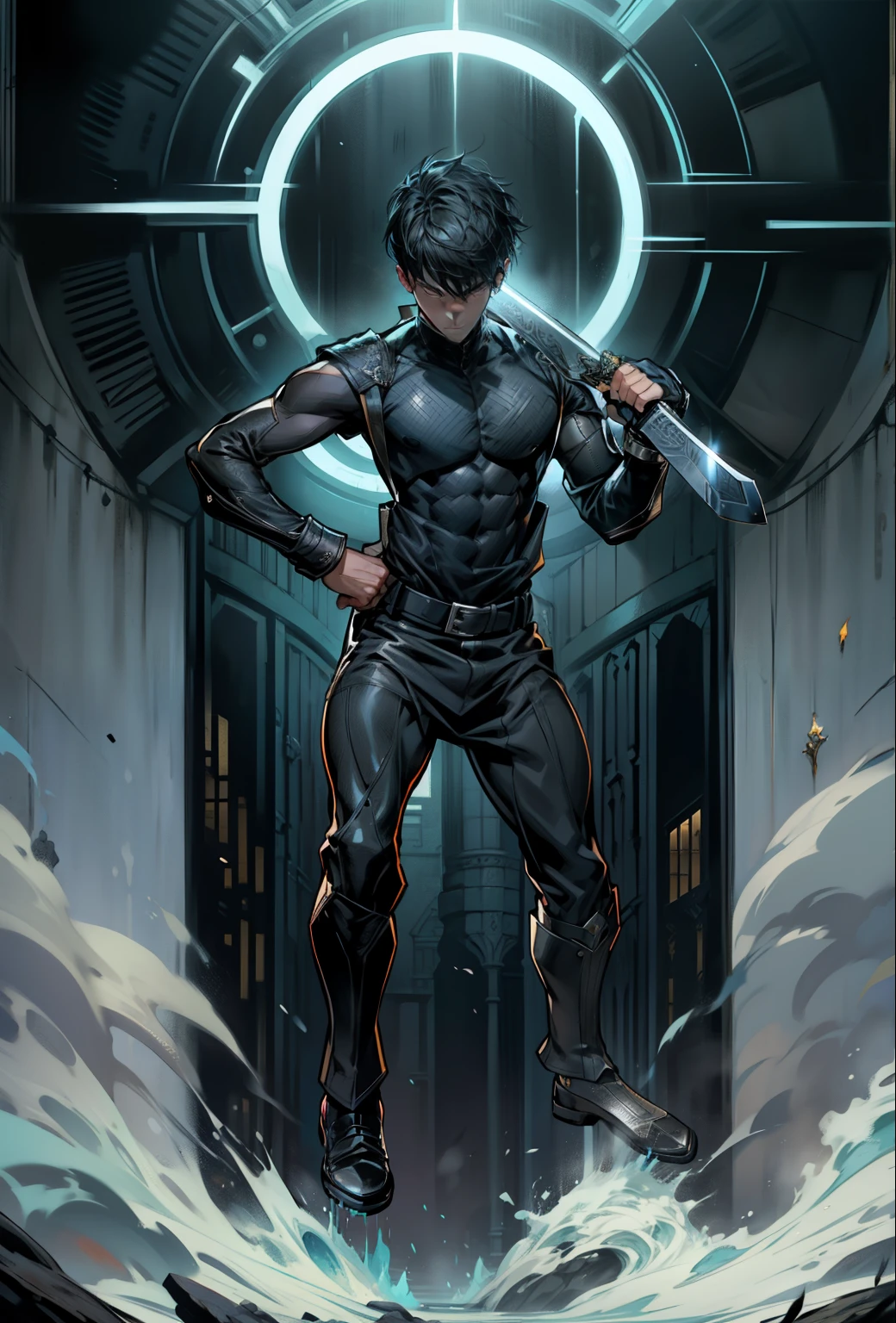 boys 26 Years old, Serious face, black lather coat, holding giant sword 