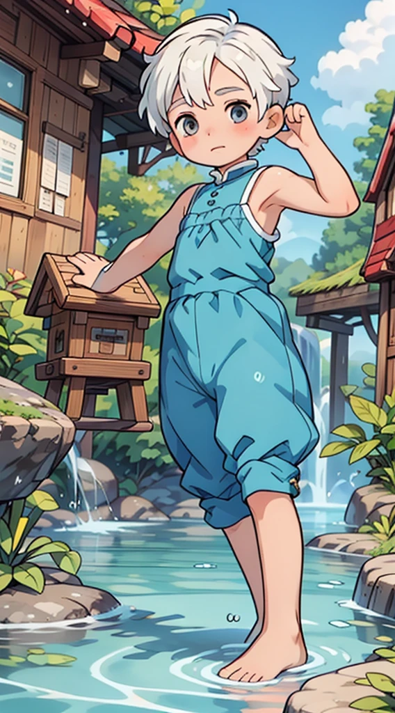 Cute Boy, ((young)), shota, wearing prince clothes, royalty, royal clothes, kid, ((shota)), short hair, ((boy)), (white hair), grey eyes, paddling in a little stream of water, horizontal, wet, water splashed on him, arms raised, armpit visible, shy 