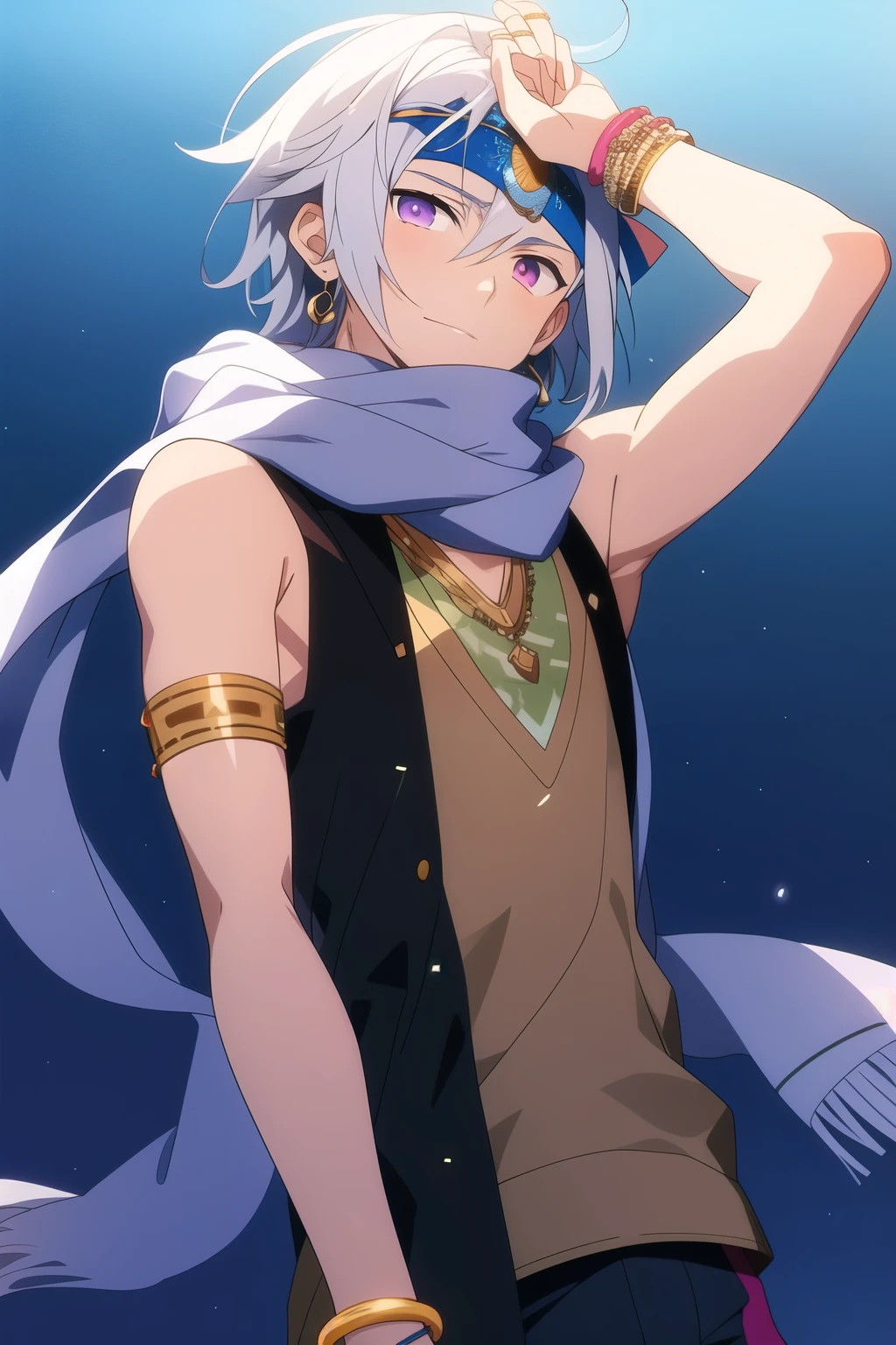 anime boy with silver hair and silver eyes, with bright decorations surrounding him, wearing bangles and bracelets on his wrist and a long scarf wrapped around his forehead