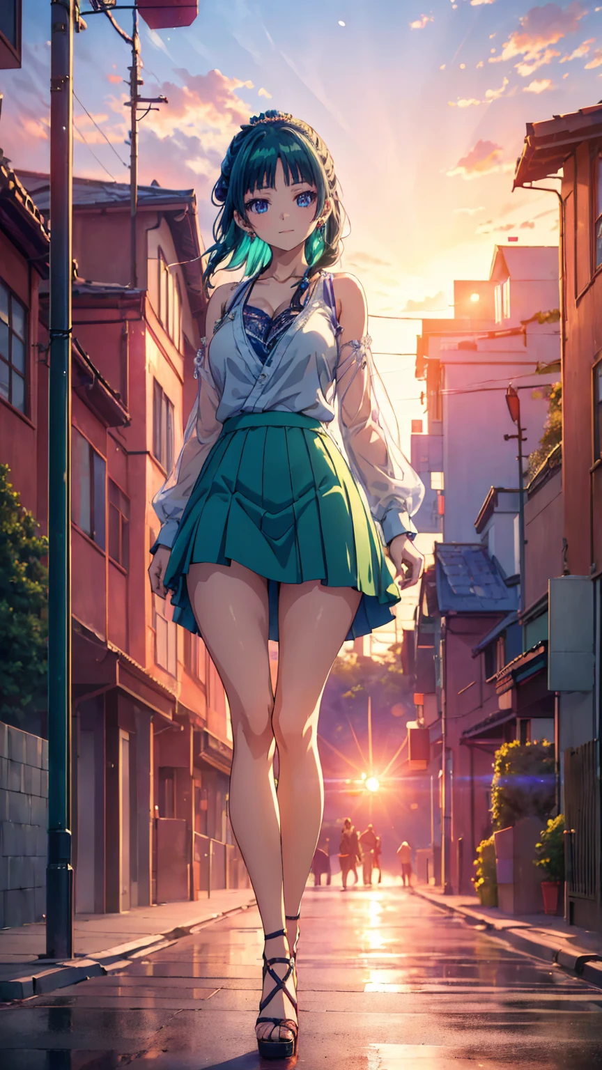 ((Highest quality)), ((masterpiece)), (anime), Beautiful and sexy woman walking down the street in a short skirt, Blouse and high heels, blue eyes, Green Hair, Smooth Skin, Cleavage, ((whole body)), (City Settings, urban environment), smile, Exposing shoulders, anime, Green Eyes, Maomao, Under the street lamp, Sunset dusk,