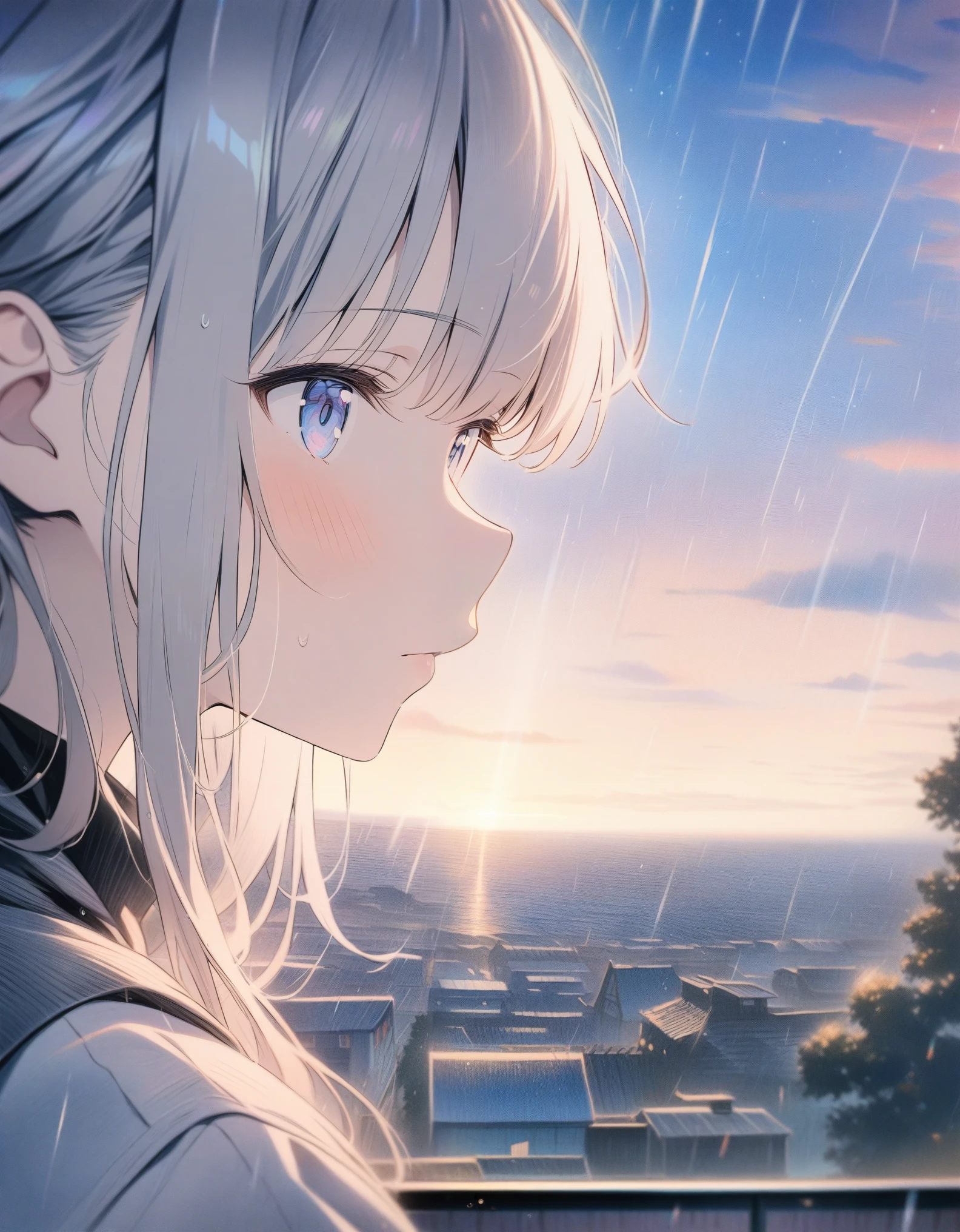 ((style:Colored pencil,pale colour)),(anime)、(masterpiece:1.2),atmospheric perspective, from side, lens flare, f/2.8, 135mm、Different world、Rainy Country、It's hazy with fog、Different worldの女の子、Middle wind、cute、Light effects、Fantastic works