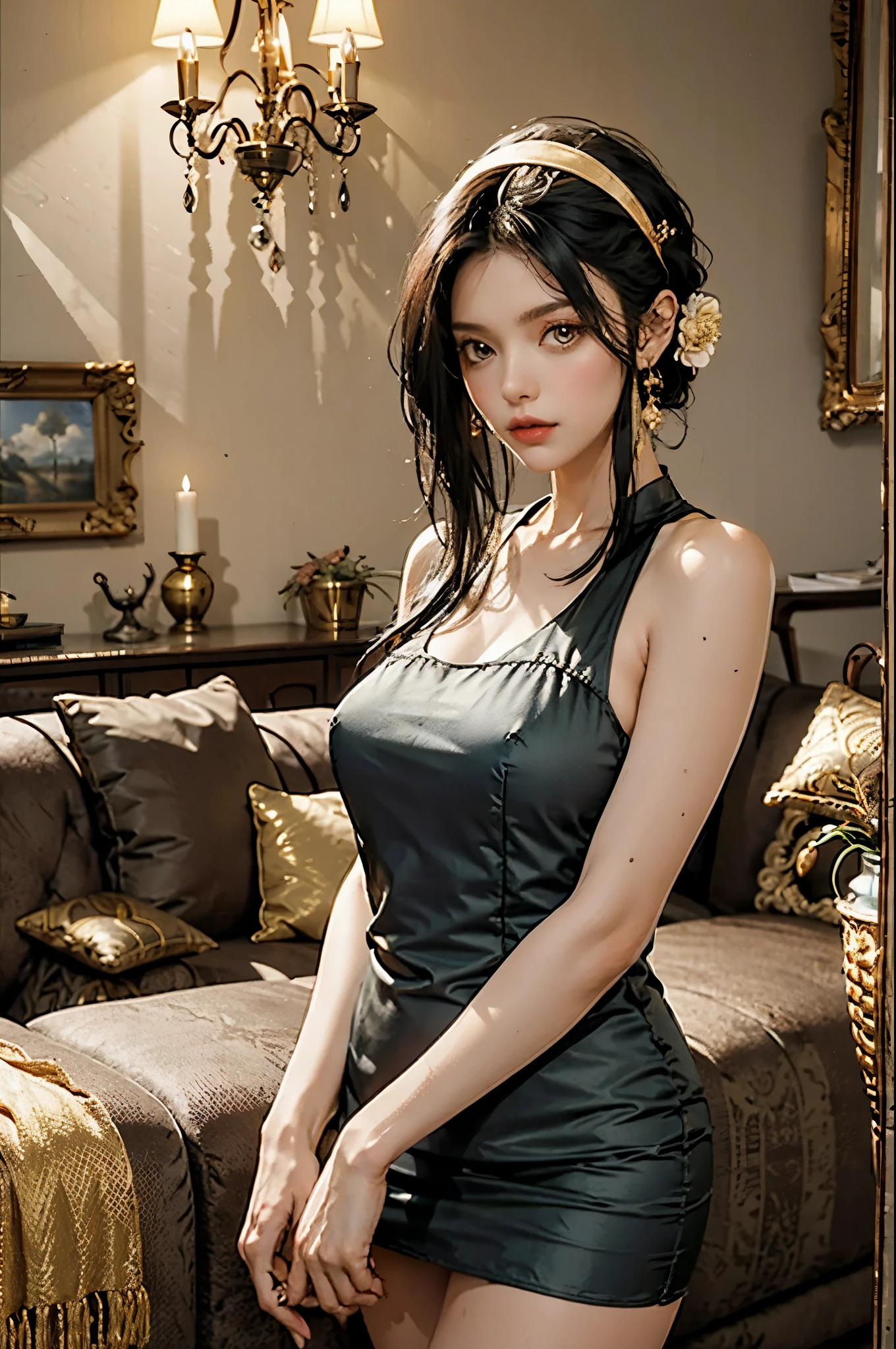 Cowboy Shot,Yor_briar, 1girl in, Sweet girl, Bare arms, Black Short Dress, side locks, Bare shoulders, Bare arms, Sleeveless, Black hair, Golden Hair Band, Golden hair flowers, Standing,Looking at Viewer, ((Upper body)), Indoors, livingroom, sofa, ornamented, chandeliers, book stack,