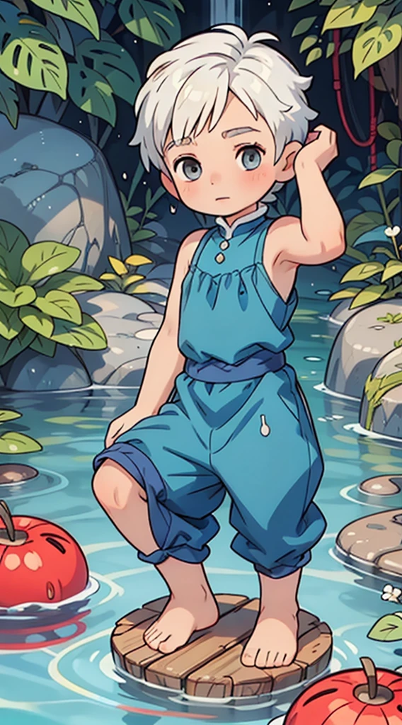 Cute Boy, ((young)), shota, wearing prince clothes, royalty, royal clothes, kid, ((shota)), short hair, ((boy)), (white hair), grey eyes, paddling in a little stream of water, (crouching), horizontal, wet, water splashed on him, arms raised, armpit visible, shy 