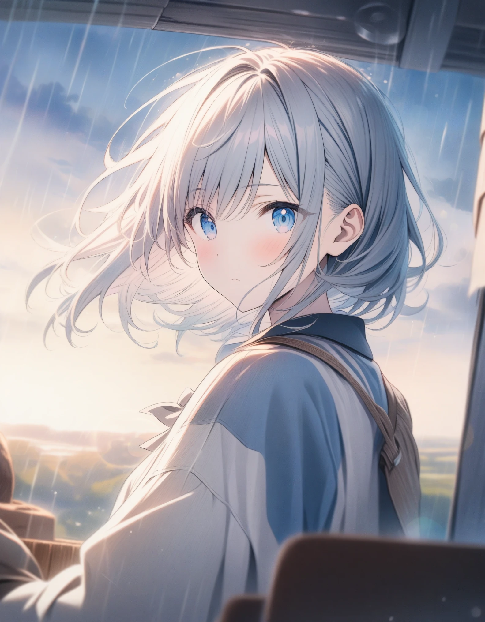 ((style:Colored pencil,pale colour)),(anime)、(masterpiece:1.2),atmospheric perspective,, lens flare, f/2.8, 135mm、Different world、Rainy Country、It&#39;s hazy with fog、Different worldの女の子、Middle wind、cute、Light effects、Fantastic works