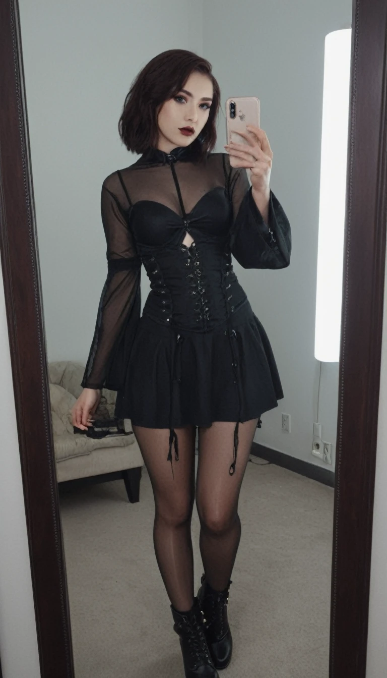 Hiper realistic and natural picture, girl taking a selfie in the mirror, wearing Black goth dress, long-sleeved dress, kimono-style sleeves, short skirt, Black Transparent pantyhose, boots, waist-cinching corset, dark makeup, big eyeliner, full round lips, dark red lips, short black weavy hair, curvy thin slim body, beautful body, dark sexy look, modest outfits, medium lenght hair 