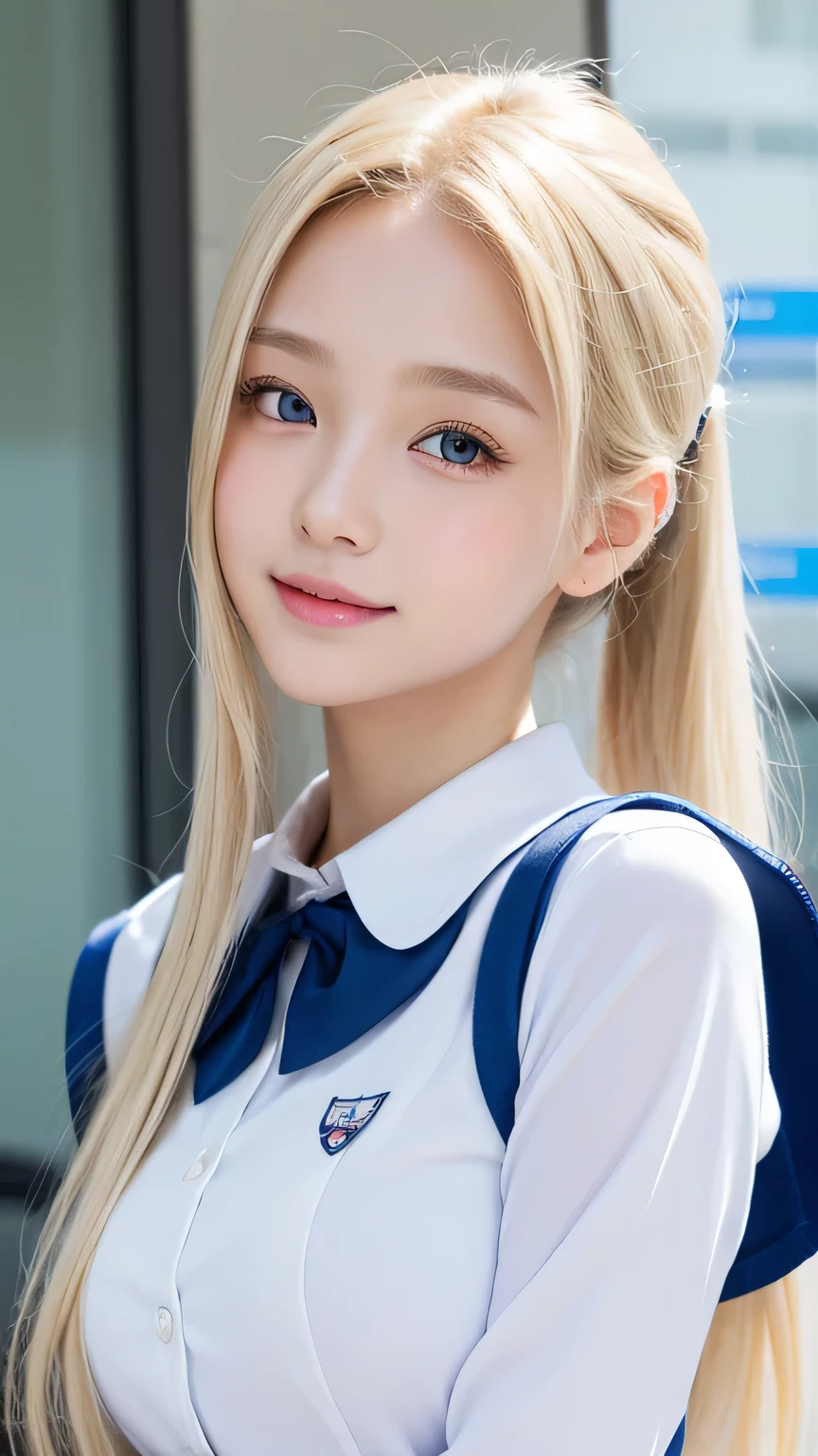 Portrait、(School uniform)、Bright expression、ponytail、Younger, brighter, whiter skin、Best Looks、Blonde reflection、Platinum blonde hair with dazzling highlights、Shiny bright hair,、Super long, silky straight hair、Shiny beautiful bangs、Sparkling, clear, attractive big blue eyes、A very beautiful, lovely and cute 16 year old girl、Ample breasts、With slits、((The whole body is visible))