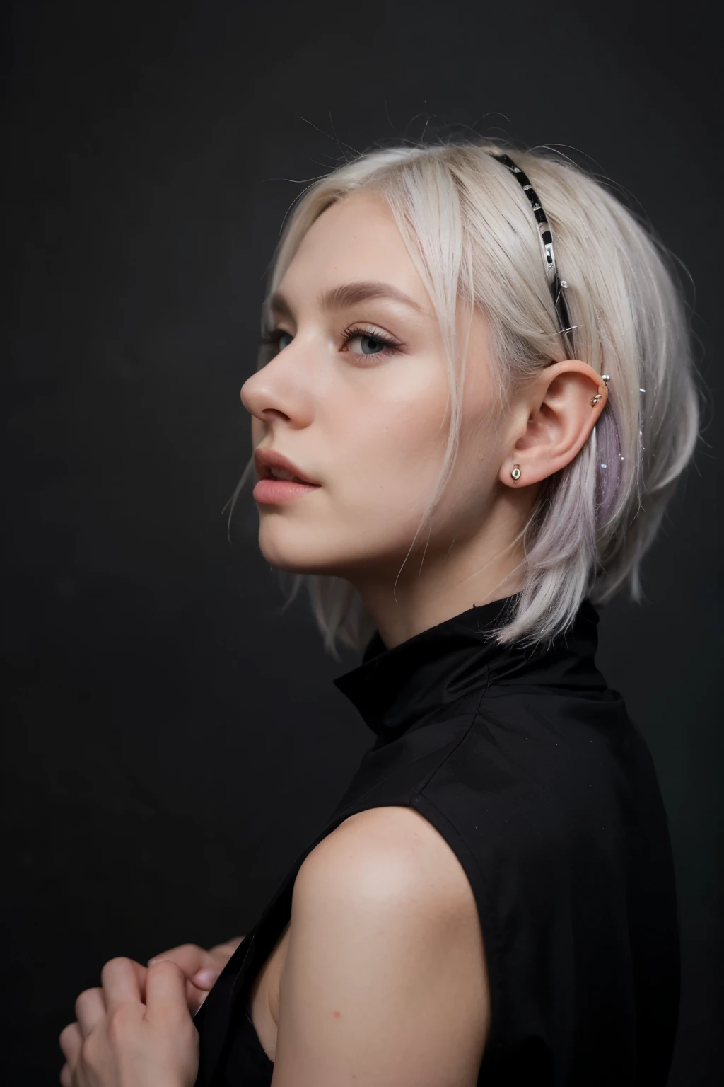 ((best quality)), ((Artwork)), (detailed), perfect face, book character, white hair, pale skin, sparkling lilac eyes, elf ears, black clothes, in profile pose , neutral expression, purple background.