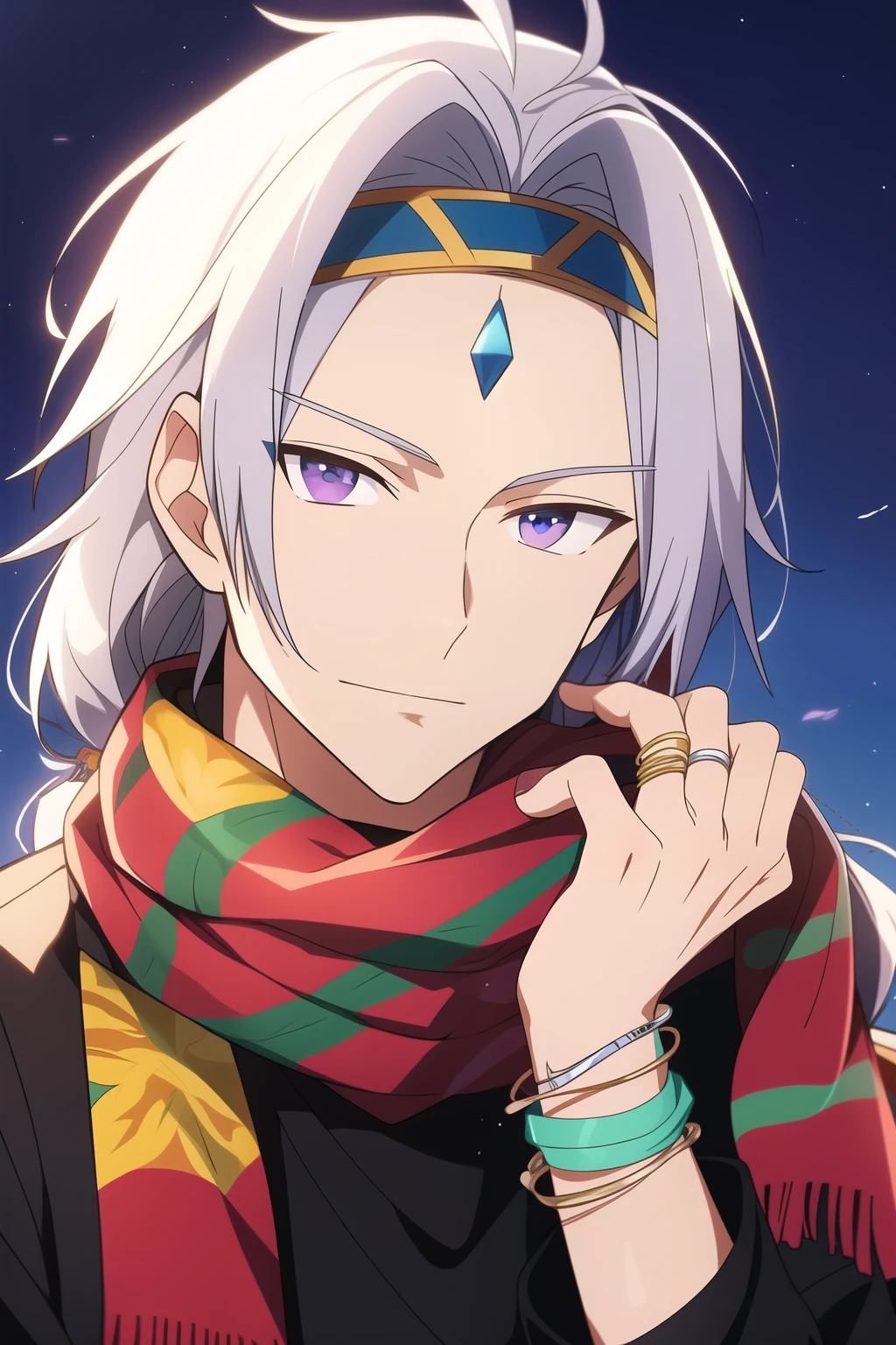 anime adult man with silver hair and silver eyes, with bright decorations surrounding him, wearing bangles and bracelets on his wrist and a long scarf wrapped around his forehead