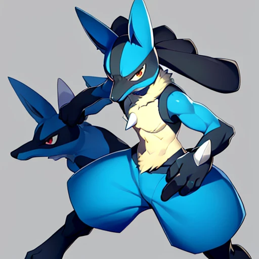 male lucario, Detailed, replace spikes with swords, Soft smile, tooth, wolf, Medium muzzle, The pokemon, Unified in gray, bara