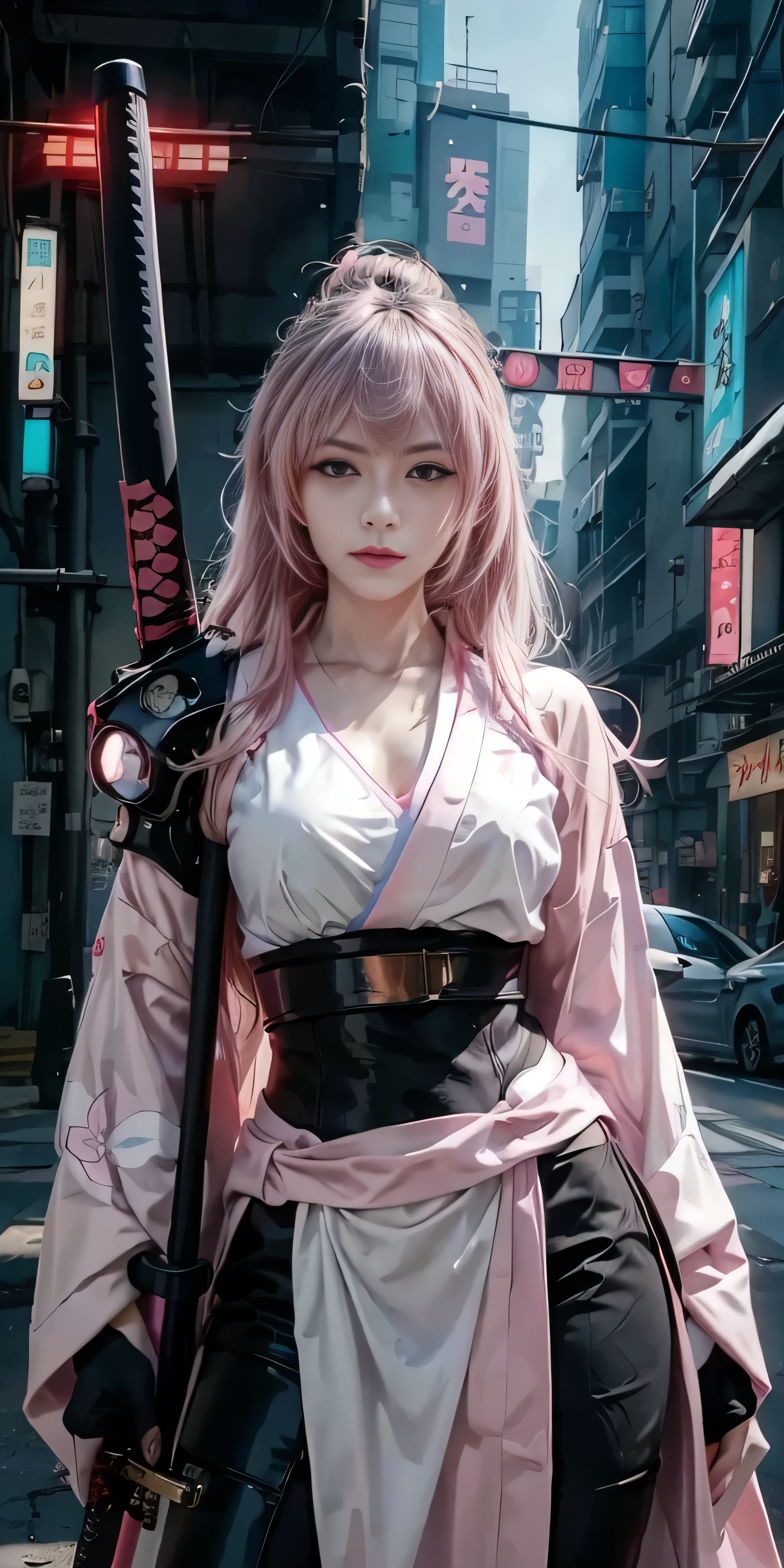 arafed woman in a pink kimono with a sword in a city, very beautiful cyberpunk samurai, anime girl cosplay, anime cosplay, anime style mixed with fujifilm, haruno sakura, anime inspired, anime girl in real life, anime style. 8k, cosplay, anime style 4 k, female cyberpunk anime girl, cyberpunk anime girl, wearing japanese techwear