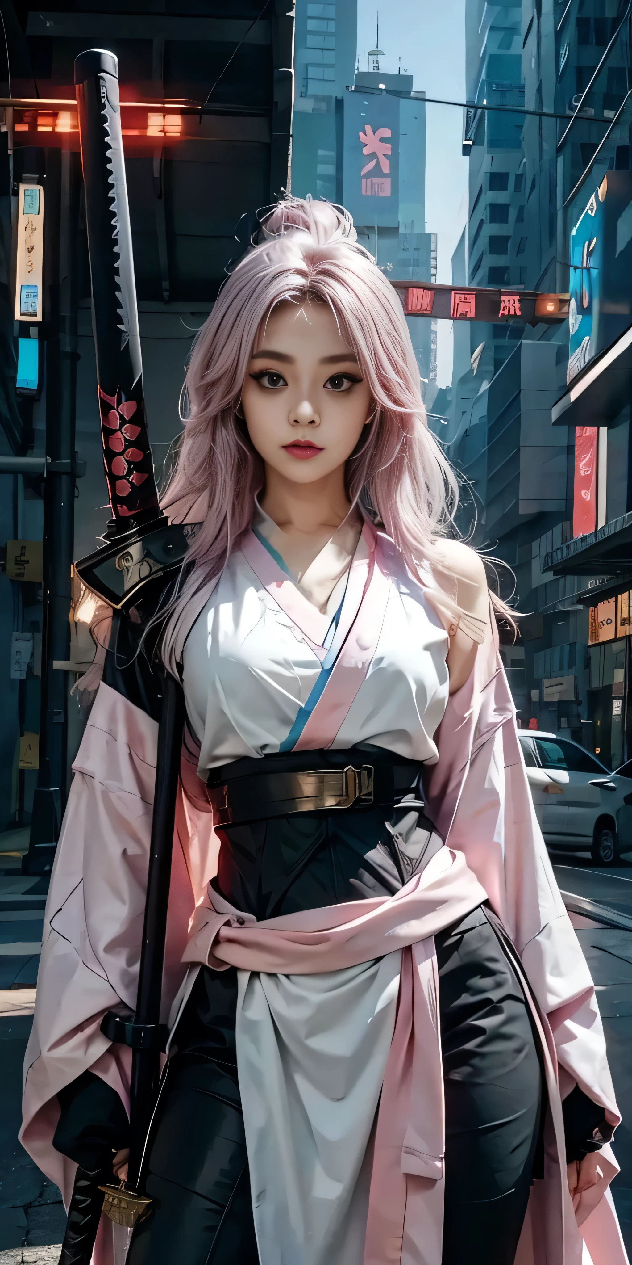 arafed woman in a pink kimono with a sword in a city, very beautiful cyberpunk samurai, anime girl cosplay, anime cosplay, anime style mixed with fujifilm, haruno sakura, anime inspired, anime girl in real life, anime style. 8k, cosplay, anime style 4 k, female cyberpunk anime girl, cyberpunk anime girl, wearing japanese techwear