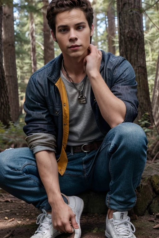Dylan O'Brien, Stiles Stilinski, Teen Wolf, 18 years old, short and messy dark brown hair, honey-colored eyes, blue denim jeans with a silver belt, open red jacket, yellow shirt, fox pendant, black sneakers with fox white print. forest background fox aura around black color