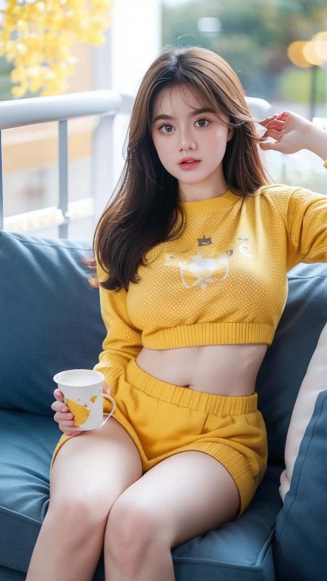 Adorable , Gorgeous , Beautiful , Russian  , Huge Breasts , Slim Waist , 25 Years Old , White Skin , Wearing Yellow Knit Croptop , ((Bokeh:1.1))  , ((Morning:1.3)) , Sit on Blue Sofa , Full Body , HDR , EF 24-70mm f/2.8L II USM