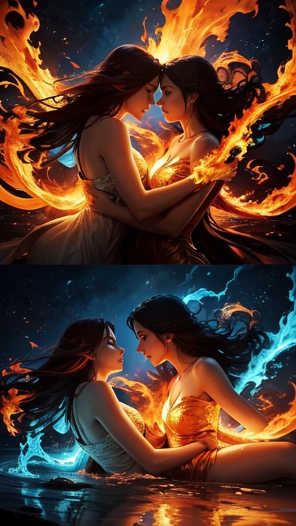 a couple is hugging each other in a fiery fire, engulfed in swirling flames, concept art of love, beautiful gemini good and evil, gorgeous art, energy flows of water and fire, holy flame spell, amazing art, facing each other, beautiful art, the lovers, lovers, orange fire/blue ice duality!, by Marie Bashkirtseff, (Masterpiece:1.3), (best quality:1.3),