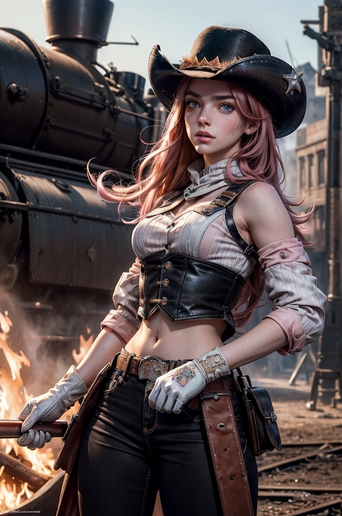 (masterpiece,stunning girlfriend, (standing:1.1), dynamic pose, heart shaped face, elegant face, beautiful face, highly detailed face, highly detailed skin, skin pores, subsurface scattering, realistic pupils, looking at viewer, full lips, detailed background, depth of field, atmospheric perspective, volumetric lighting, sharp focus, absurdres, realistic proportions, good anatomy, (realistic, hyperrealistic:1.4), 16k hdr, neopolitan, neopolitan, long hair, brown hair, (brown eyes:1.3), brown eyes, pink eyes, (heterochromia:1.2), ((two-tone hair, split-color hair, pink hair, brown hair, multicolored hair)), BREAK gloves, hat, navel, detached sleeves, midriff, belt, pants, white gloves, black headwear, bowler hat, fighting pose, BREAK standing outside old steam train, post-apocalypse, dystopian future, crowd, (crowd in military uniforms), bonfires, BREAK looking at viewer, (cowboy shot:1.5), BREAK (masterpiece:1.2), best quality, high resolution, unity 8k wallpaper, (illustration:0.8), (beautiful detailed eyes:1.6), extremely detailed face, perfect lighting, extremely detailed CG, (perfect hands, perfect anatomy)