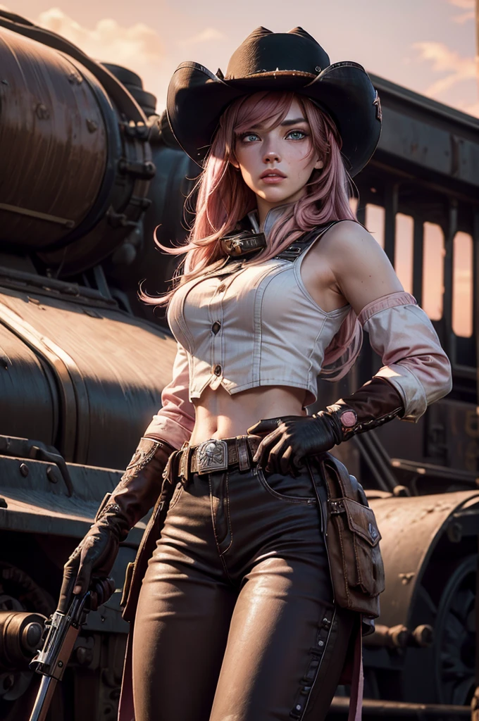 (masterpiece,stunning girlfriend, (standing:1.1), dynamic pose, heart shaped face, elegant face, beautiful face, highly detailed face, highly detailed skin, skin pores, subsurface scattering, realistic pupils, looking at viewer, full lips, detailed background, depth of field, atmospheric perspective, volumetric lighting, sharp focus, absurdres, realistic proportions, good anatomy, (realistic, hyperrealistic:1.4), 16k hdr, neopolitan, neopolitan, long hair, brown hair, (brown eyes:1.3), brown eyes, pink eyes, (heterochromia:1.2), ((two-tone hair, split-color hair, pink hair, brown hair, multicolored hair)), BREAK gloves, hat, navel, detached sleeves, midriff, belt, pants, white gloves, black headwear, bowler hat, fighting pose, BREAK standing outside old steam train, post-apocalypse, dystopian future, crowd, (crowd in military uniforms), bonfires, BREAK looking at viewer, (cowboy shot:1.5), BREAK (masterpiece:1.2), best quality, high resolution, unity 8k wallpaper, (illustration:0.8), (beautiful detailed eyes:1.6), extremely detailed face, perfect lighting, extremely detailed CG, (perfect hands, perfect anatomy)