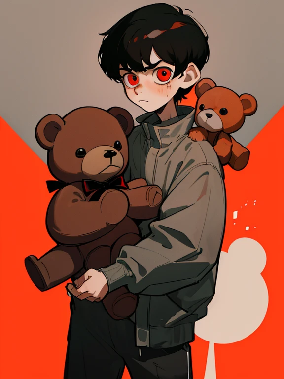 man with short black hair melancholic red eyes wearing gray clothing carrying a brown teddy bear