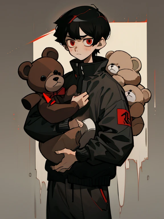  man 12 years old with short black hair melancholic red eyes wearing gray clothing carrying a brown teddy bear