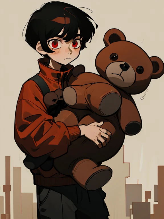 man with short black hair melancholic red eyes wearing gray clothing carrying a brown teddy bear