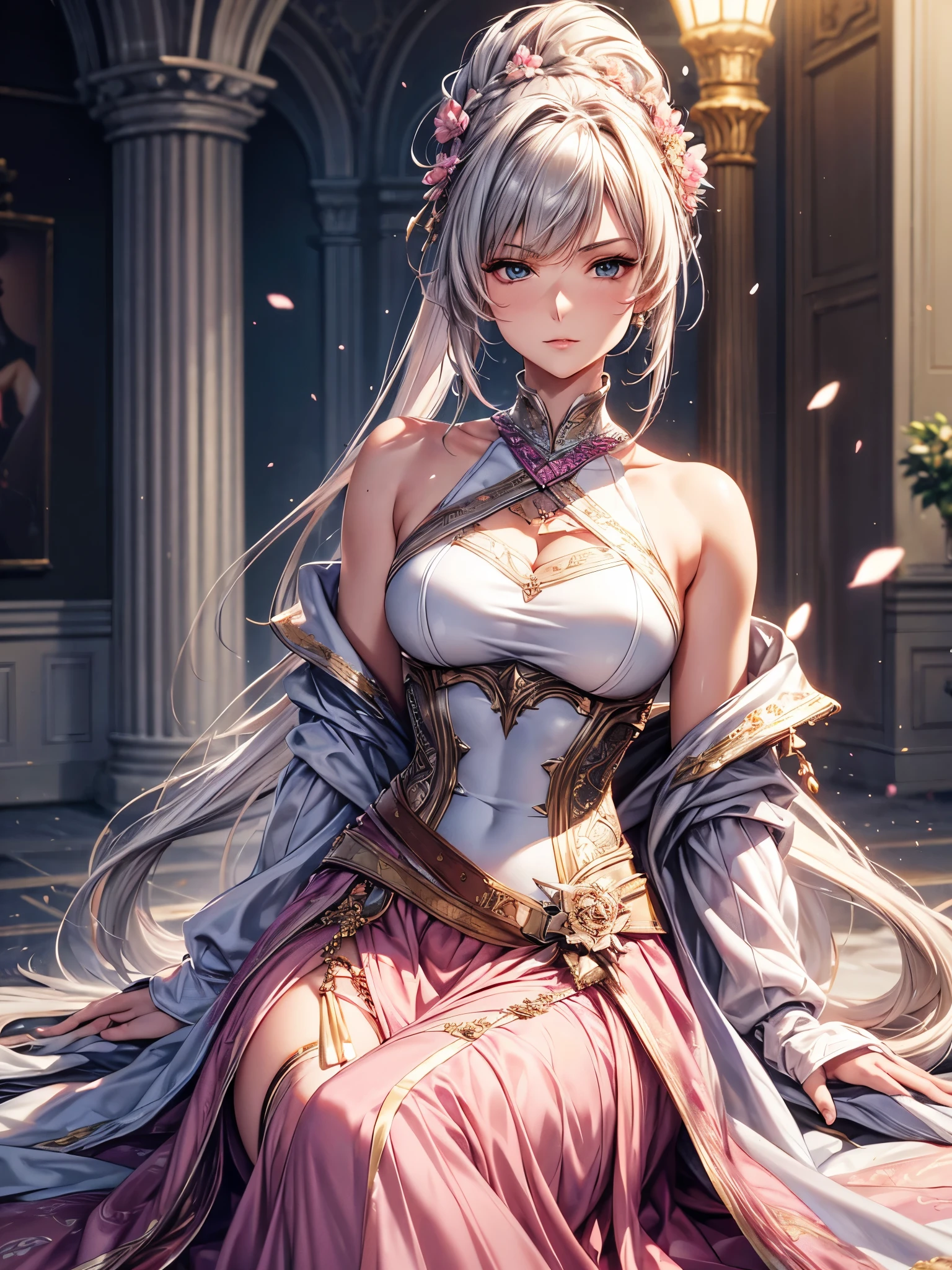 Miss, Serious, warrior, armor, elegant, Pink skirt, Noble, Silver, Long nails, Bare shoulders, hairstyle, hair, Braids and Ponytails, messy, arrogant, absurd, Detailed dress, royalties, celebration, Colorful glitter surrounds the body, Hall decorated with flowers, Cowboy shooting, portrait, (best quality), (masterpiece), (Very detailed), (4K), Octane Render