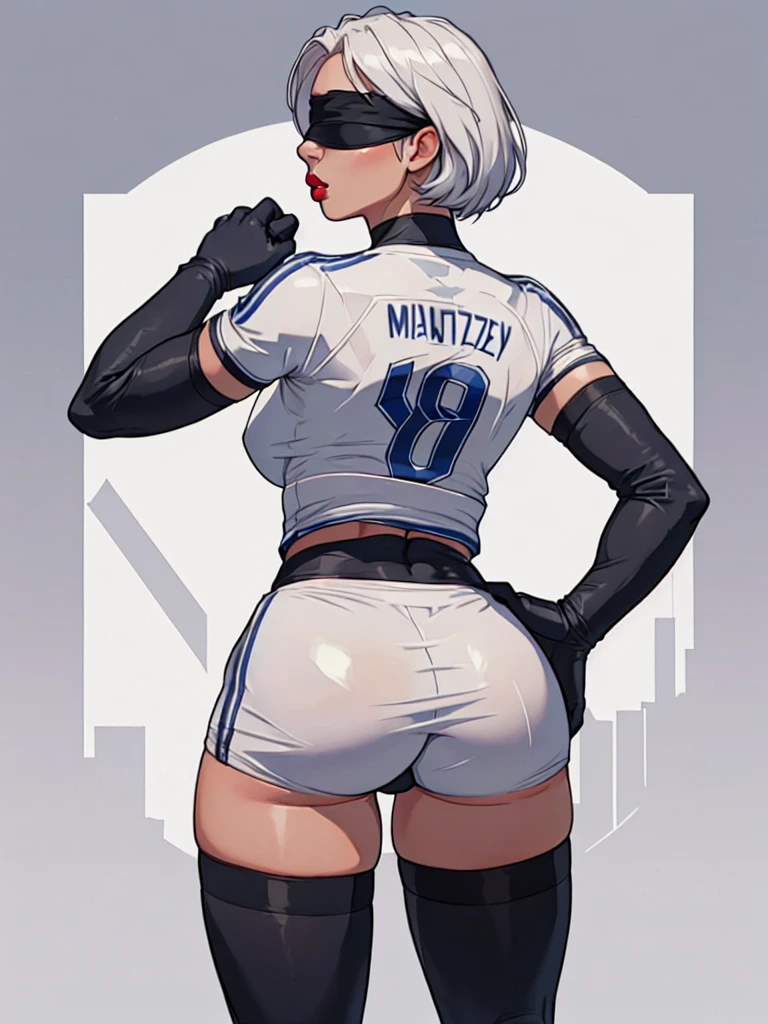 (((back view))). (((showing back view))), (((perfect anatomy, anatomically correct, super detailed skin))), 2B from Nier Automata. (((wearing a white Real Madrid football team shirt with the number 8)), short hair, ((solo)), (((peachy ass))), (((((back to the canera)))), (((blindfold))), ((hourglass body,)), (alone). ((solo:1.5)), ((abstract background))), abstract grunge as background, ((bigass)), big red lips, white hair, 1 girl, ((white Real Madrid football team shirt with the number 8)). ,[[[(((big hips)))]]]], clothing cutout, gloves, juliet sleeves, leotard, puffy sleeves, , thighhighs, , hourglass body,, shiny skin, watching the viewer, beautiful hair, beautiful face, beautiful detailed eyes, blue eyes, face, , beautiful body,standing, (beautiful scenery), 8k, top quality, masterpiece​:1.2, extremely detailed), beautiful illustration, natural lighting, ,(high detailed skin:1.2), 