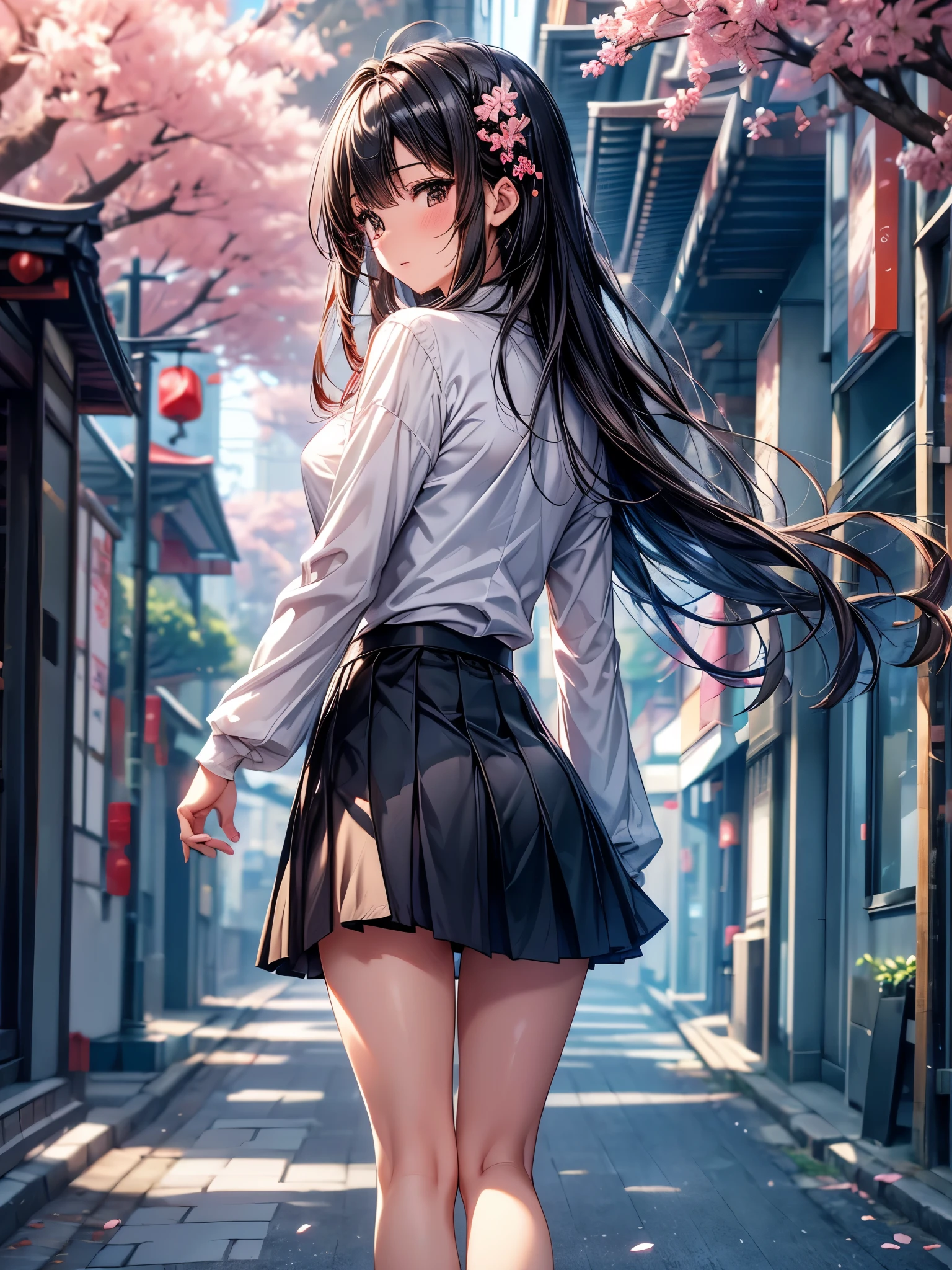 ((Ultra-delicate)), ((Ultra Detailed)),(Stay focused), (high resolution), Deformed depth of field blurred background, (Detailed background), Perfect layer cut, (full-body shot), Rear view, A girl, one person, ((Japanese Students)), Slim body, Smooth skin, Black long hair, Thin legs, beautiful fingers, , White shirt, Black pleated school skirt, Dark, Dark学生鞋, Background Japanese city, on the street, outdoor , spring, morning, Cherry blossoms, floating Cherry blossoms, CG Unity, 8K, Octane Rendering,