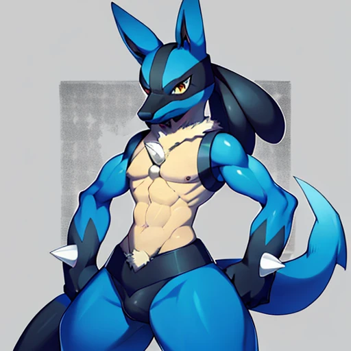 male lucario, Detailed, spikes, Soft smile, tooth, wolf, Medium muzzle, The pokemon, Unified in gray, bara, bulge