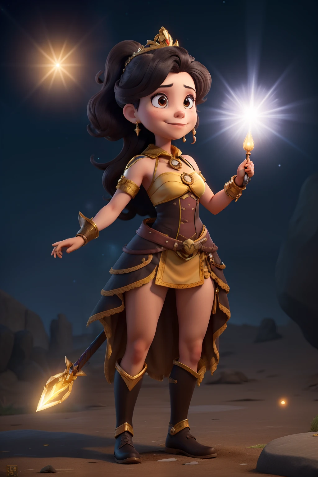 Dibujo animado de una guardiana del universo, bien brillante, with infinite powers based on light and stellar energy, ubicada en el universo. Con vestido, cabello negro, corona y una espada que emite una luz brillante y cegadora, que puede purificar la oscuridad.