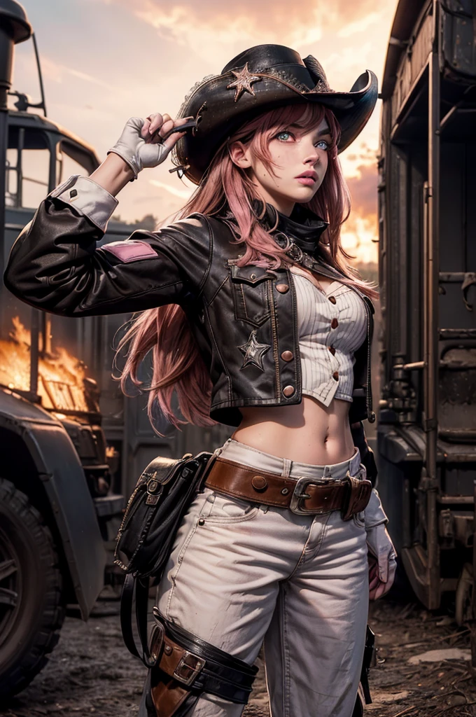 (masterpiece,stunning girlfriend, (standing:1.1), dynamic pose, heart shaped face, elegant face, beautiful face, highly detailed face, highly detailed skin, skin pores, subsurface scattering, realistic pupils, looking at viewer, full lips, detailed background, depth of field, atmospheric perspective, volumetric lighting, sharp focus, absurdres, realistic proportions, good anatomy, (realistic, hyperrealistic:1.4), 16k hdr, neopolitan, neopolitan, long hair, brown hair, (brown eyes:1.3), brown eyes, pink eyes, (heterochromia:1.2), ((two-tone hair, split-color hair, pink hair, brown hair, multicolored hair)), BREAK gloves, hat, navel, detached sleeves, midriff, belt, pants, white gloves, black headwear, bowler hat, fighting pose, BREAK standing outside old steam train, post-apocalypse, dystopian future, crowd, (crowd in military uniforms), bonfires, BREAK looking at viewer, (cowboy shot:1.5), BREAK (masterpiece:1.2), best quality, high resolution, unity 8k wallpaper, (illustration:0.8), (beautiful detailed eyes:1.6), extremely detailed face, perfect lighting, extremely detailed CG, (perfect hands, perfect anatomy)