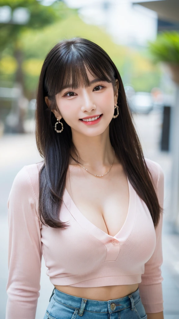 1 girl, national foundation, (hotel background), ((8k, raw, masterpiece: 1.5)), (Professional photography, sharp:1.2), Perfect dynamic composition, (Natural sun light), (soft shadow), (Perfect body:1.4, slim abs:1.2), (((skinny figure))), ((huge round breasts:1.3)), (((((black long hair,bangs))))), Ultra-detailed faces and skin, perfect asian, White skin, (Delicate skin:1.4), (latex skin:0.4), (perfect glowing skin:0.6), light brown eyes, beautiful eyes, round eyes, pretty face, blush, glossy lips, glossy eyes, Perfectly proportioned face, Really moist skin, Refined expression, (((huge smile at the camera))), looking at camera, Refined expression, Elegant necklace, Elegant earrings, minimalist, (pink shirt), (white Jean trousers),