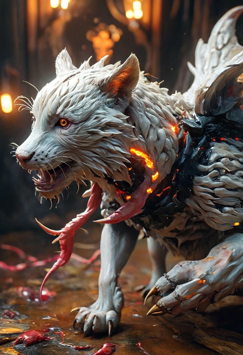 (highest quality,4K,8k,High resolution,masterpiece:1.2), Very detailed, (Realistic,photoRealistic,photo-Realistic:1.37), white creature, Otherworldly, Lovecraft, Chitinous Skin, Bioluminescence Pattern, Dark Color Palette, Spooky lighting.(Browsing Caution:1.4), white, pink, orange, Very long and sharp red claws, Big Claws, Her body is bioluminescent. Moisturized Skin, (Extremely detailed and intricate skin patterns:1.2), (Translucent chitinous exoskeleton:1.3), (Very small waist:1.4), (Destroyed Anatomy:1.5), violent, erotic,Raccoon,Raccoon:18,Raccoonの妖怪,