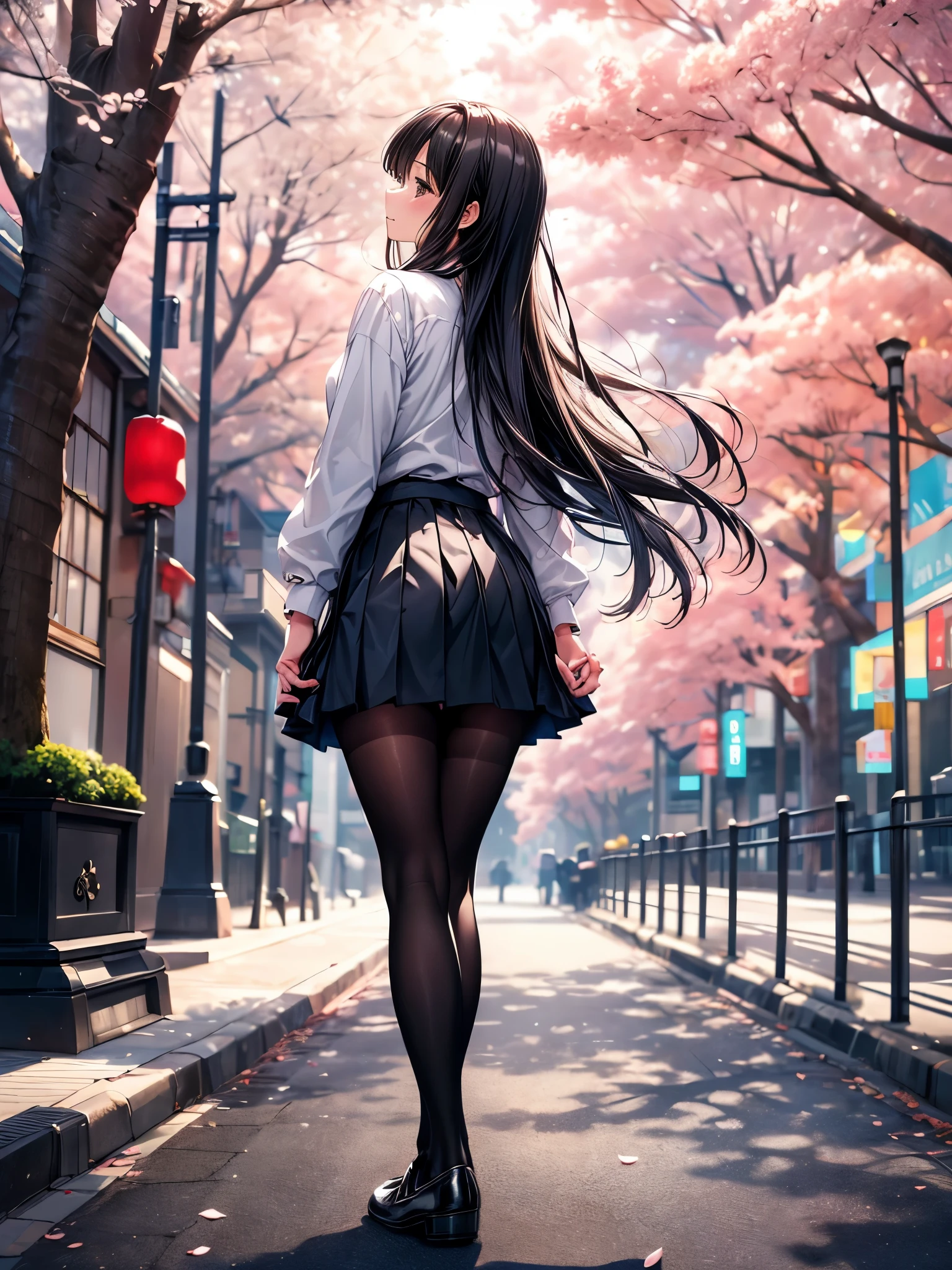 ((Ultra-delicate)), ((Ultra-detail)),(Be focused), (high resolution), Deformed depth of field blurred background, (Detailed background), Perfect layer cut, (full-body shot), rear View, a girl, one person, ((Japanese student)), slim figure, smooth skin, black long hair, slim legs, beautiful fingers, School uniform, white shirt, Black pleated student skirt, dark stockings, Dark student shoes, Background japan city, on street, outdoor , spring, morning, Cherry blossoms, floating Cherry blossoms, CG unity, 8k, Octane Render,