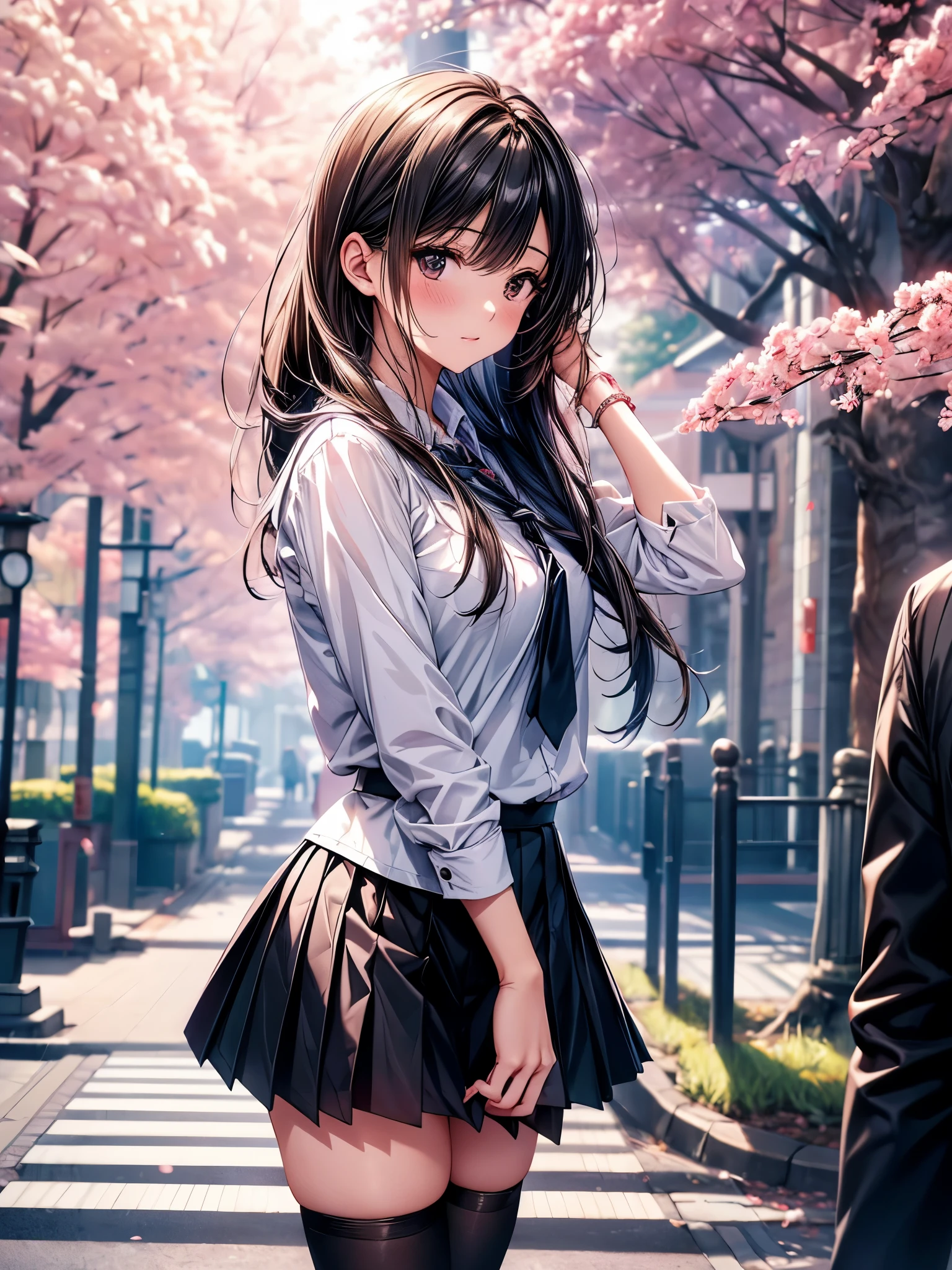 ((Ultra-delicate)), ((Ultra-detail)),(Be focused), (high resolution), Deformed depth of field blurred background, (Detailed background), Perfect layer cut, (full-body shot), rear View, a girl, one person, ((Japanese student)), slim figure, smooth skin, black long hair, slim legs, beautiful fingers, School uniform, white shirt, Black pleated student skirt, dark stockings, Dark student shoes, Background japan city, on street, outdoor , spring, morning, Cherry blossoms, floating Cherry blossoms, CG unity, 8k, Octane Render,