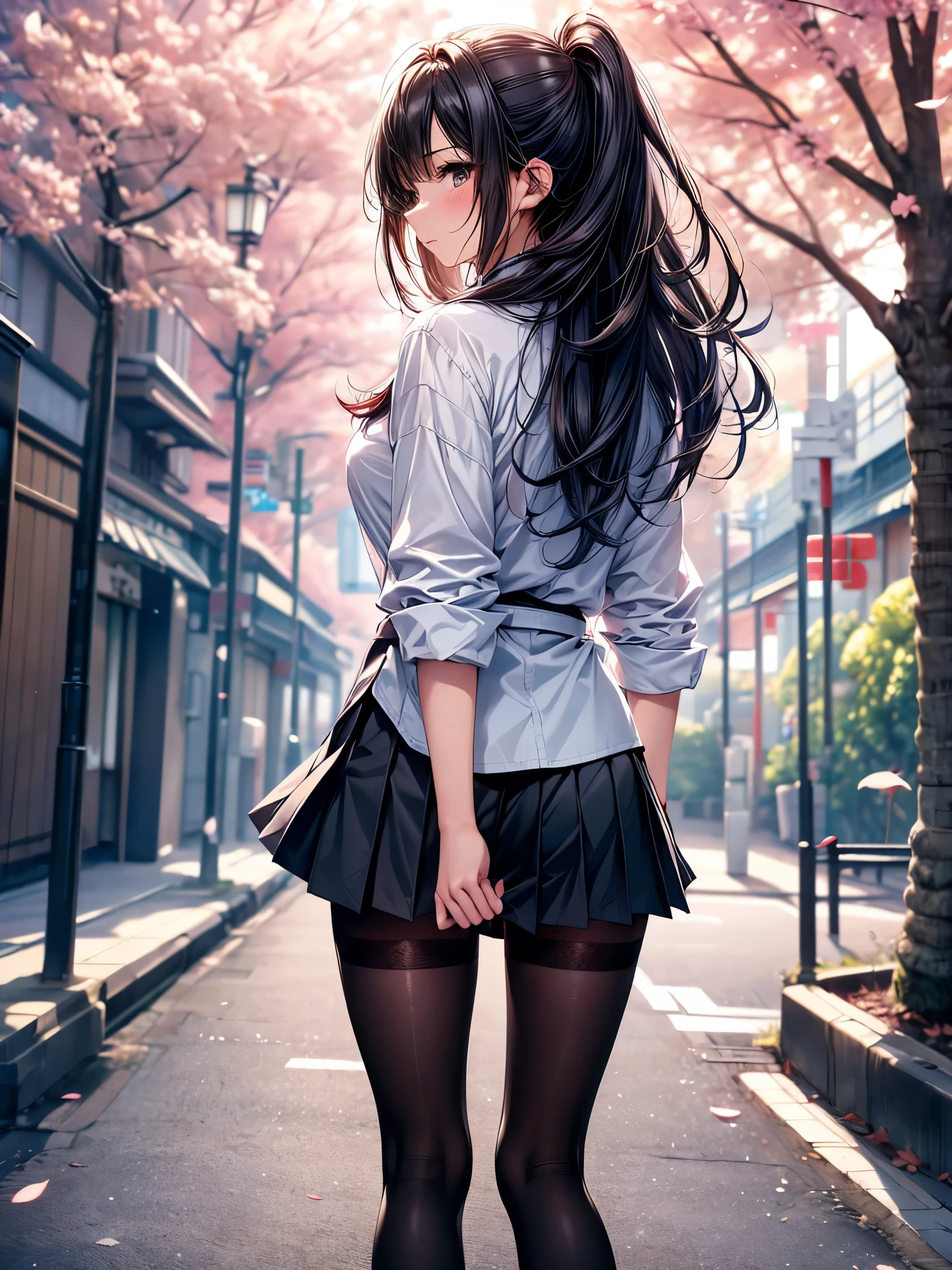 ((Ultra-delicate)), ((Ultra-detail)),(Be focused), (high resolution), Deformed depth of field blurred background, (Detailed background), Perfect layer cut, (full-body shot), rear View, a girl, one person, ((Japanese student)), slim figure, smooth skin, black long hair, slim legs, beautiful fingers, School uniform, white shirt, Black pleated student skirt, dark stockings, Dark student shoes, Background japan city, on street, outdoor , spring, morning, Cherry blossoms, floating Cherry blossoms, CG unity, 8k, Octane Render,