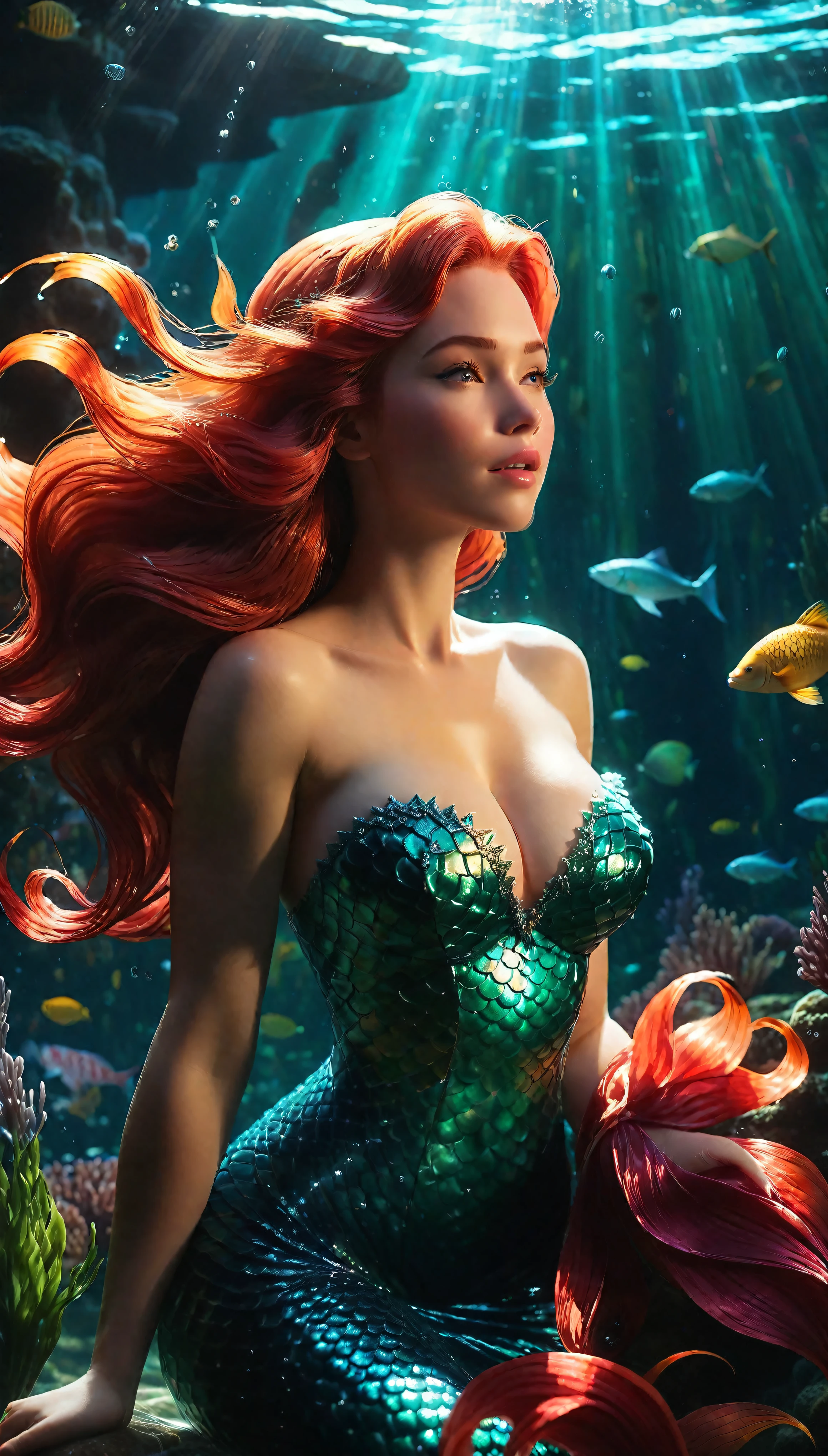 ((Masterpiece in maximum 16K resolution):1.6),((soft_color_photograpy:)1.5), ((Ultra-Detailed):1.4),((Movie-like still images and dynamic angles):1.3). | (Wide shot cinematic photo of Red Hair Mermaid Princess Singing Underwater), (Red Hair Mermaid), (Singing), (Wide cinematic lens), (underwater castle), (underwater light), (tyndall effect), (Mythical atmosphere), (shimmer), (light reflections), (visual experience),(Realism), (Realistic),award-winning graphics, dark shot, film grain, extremely detailed, Digital Art, rtx, Unreal Engine, scene concept anti glare effect, All captured with sharp focus. | Rendered in ultra-high definition with UHD and retina quality, this masterpiece ensures anatomical correctness and textured skin with super detail. With a focus on high quality and accuracy, this award-winning portrayal captures every nuance in stunning 16k resolution, immersing viewers in its lifelike depiction. | ((perfect_composition, perfect_design, perfect_layout, perfect_detail, ultra_detailed)), ((enhance_all, fix_everything)), More Detail, Enhance.