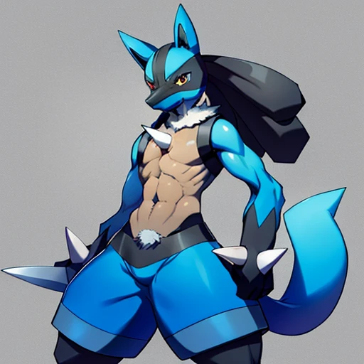 male lucario, Detailed, spikes, Soft smile, tooth, wolf, Medium muzzle, The pokemon, Unified in gray, bara, erection